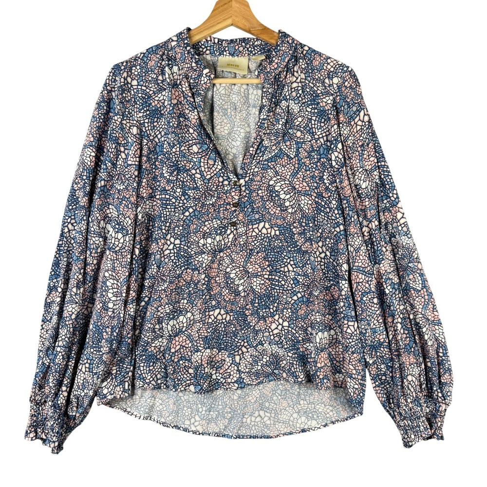 Maeve Anthropologie Mosaic Floral V-Neck Blouse Blue Pink Smocked Cuff Small